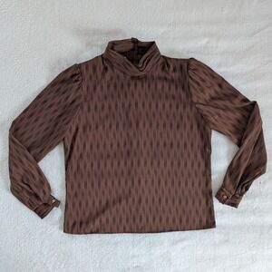 Vtg Jonathan Martin Striped‎ Mock Neck Blouse Brown Puff Sleeve Womens Sz 9/10